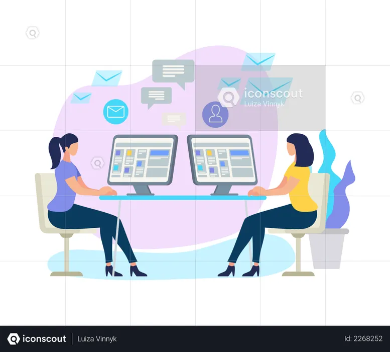 Working Women Sitting at Desks with Computer  Illustration