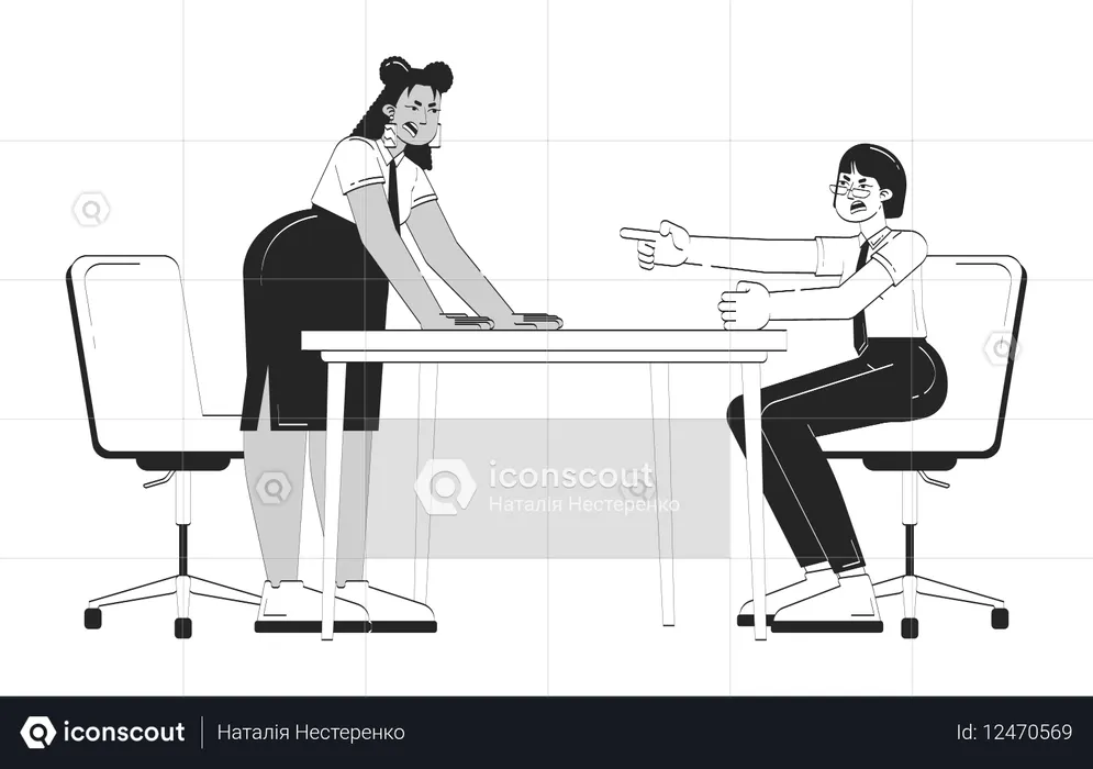 회의 테이블에서 동료 간의 직장 갈등  일러스트레이션