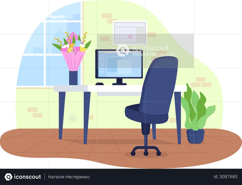 Workplace with flowers in vase  Illustration