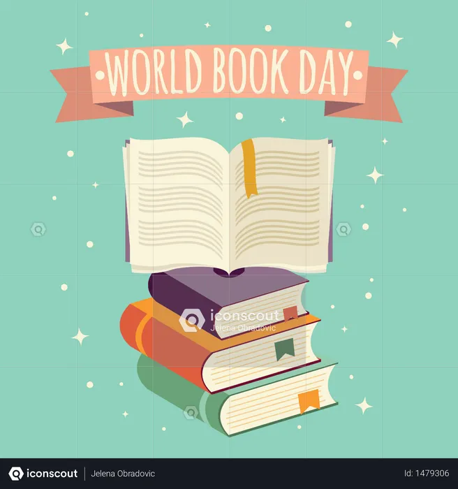 World book day, open book with festive banner and stack of books  Illustration