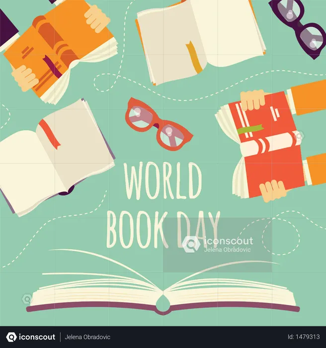 World book day, open book with hands holding books and glasses  Illustration