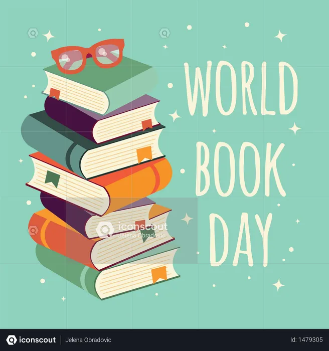 World book day, stack of books with glasses on mint background  Illustration