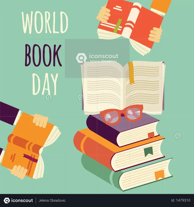 World book day, stack of books with hands and glasses  Illustration