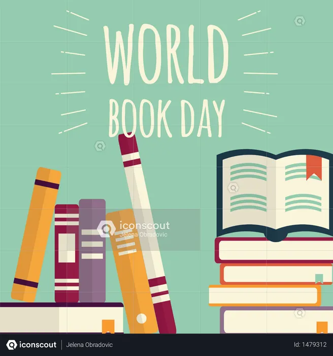 World book day, stacks of books on mint background  Illustration