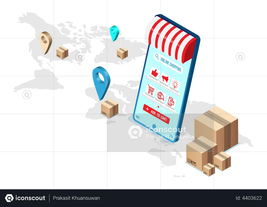 Worldwide delivery service by online shopping app  Illustration