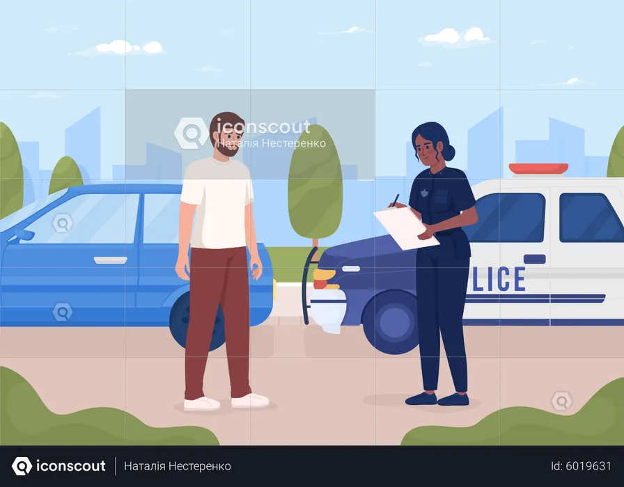 Worried bearded man pulled over by police officer  Illustration