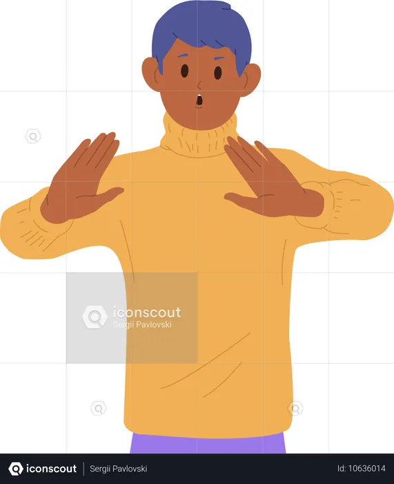 Worried boy gesturing stop showing rejection negative emotion  Illustration