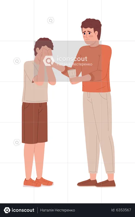 Worried father comforting son with glass of water  Illustration