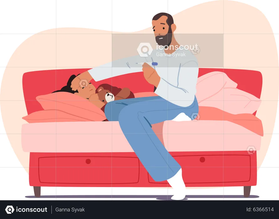 Worried father sitting next to Ill daughter  Illustration