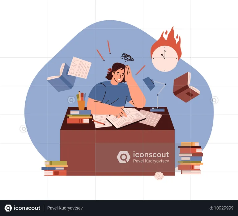 Worried female student with exam preparation stress  Illustration