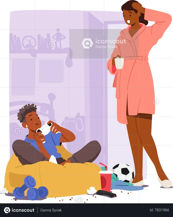 Worried Mother And Teenager Engrossed In Computer Games  Illustration