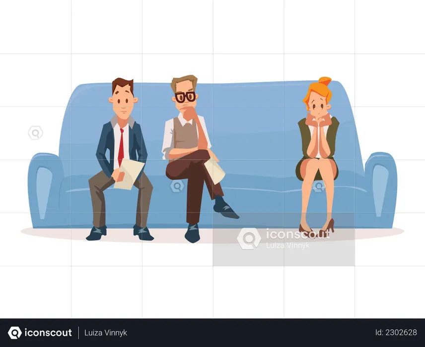 Worried Pensive Man and Woman Wait for Job Interview in Office  Illustration