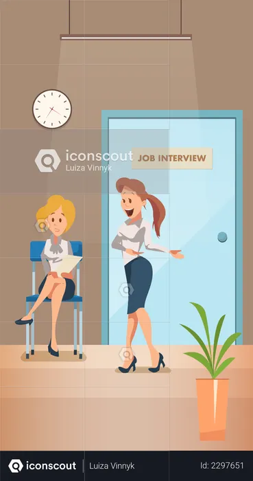 Worried Woman Waiting for Job Interview in Corridor  Illustration