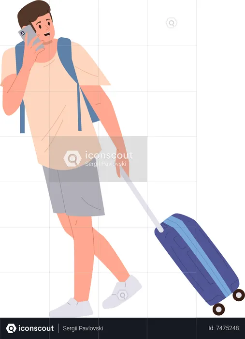 Worried young man traveler carrying luggage bag talking by mobile phone  Illustration