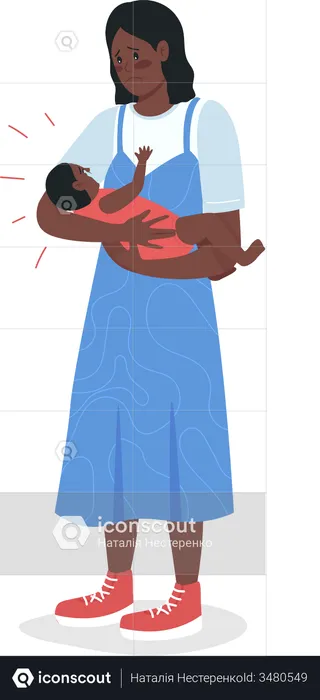 Worried young mother holding screaming baby  Illustration