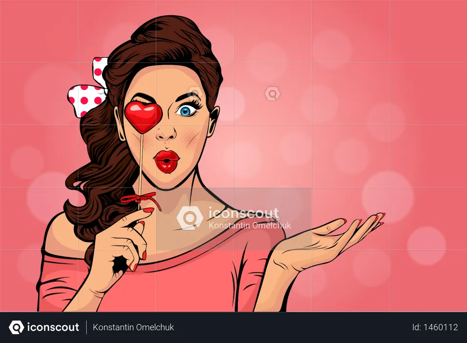 Wow pop art face of surprised fashion girl open mouth with Valentine Heart in hand  Illustration