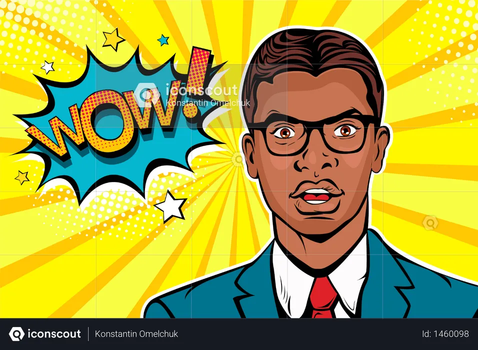 Wow pop art male face. Young afro american surprised man in glasses with open mouth and Wow speech bubble  Illustration