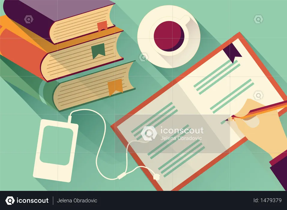 Writing into notebook background with stack of books and coffee  Illustration