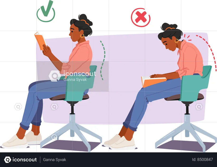 Wrong and correct posture while reading book on chair  Illustration