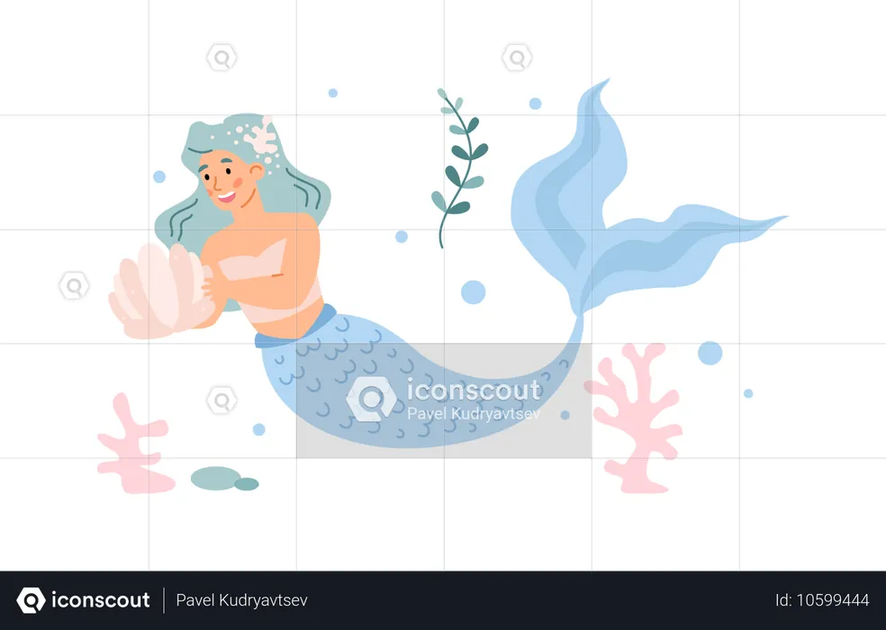 Wunderschöne Meerjungfrau mit langen blauen Haaren schwimmt im Meer und betrachtet eine Muschel  Illustration