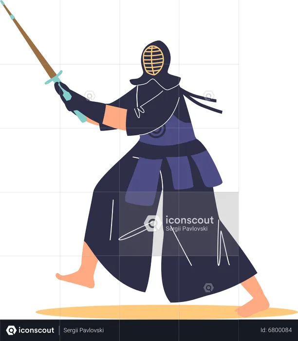 Guerreiro Wushu com máscara e fantasia de quimono preto  Ilustração