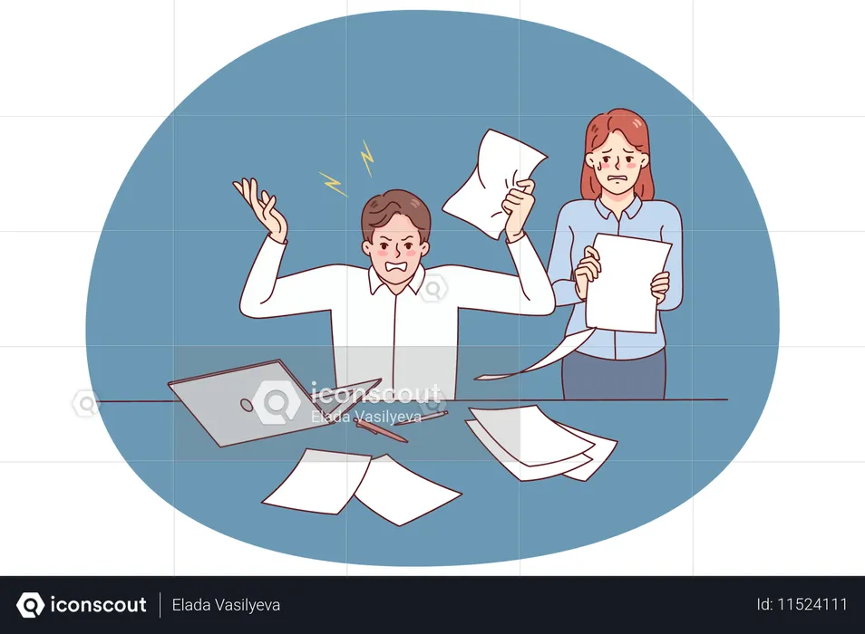 Wütender Chef schreit Sekretärin im Büro an  Illustration
