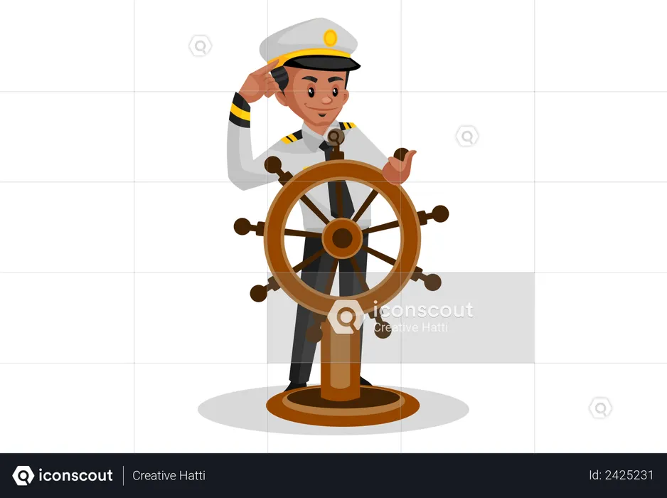 Yachtsman turning the ship using steering wheel  Illustration