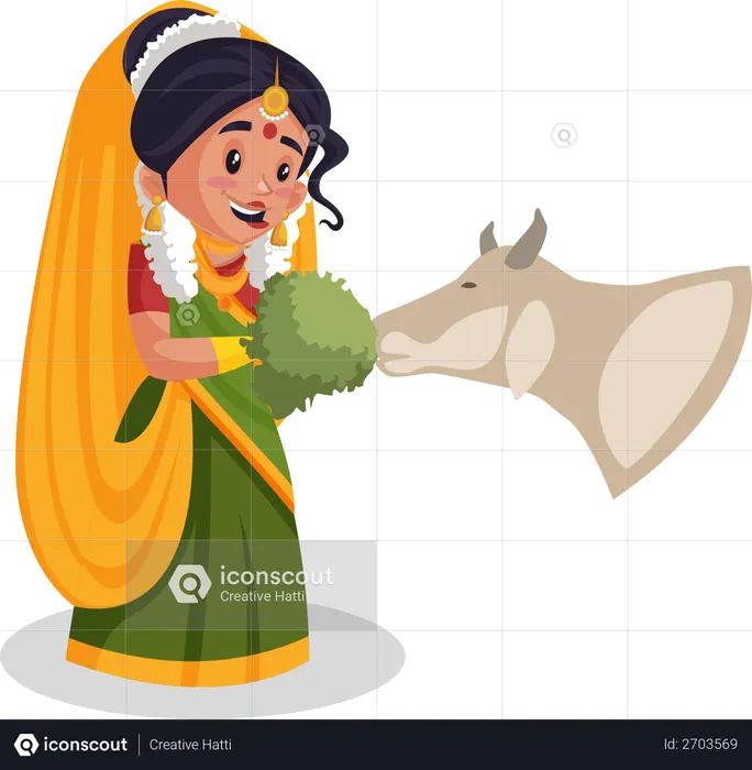 Yashoda maa feeding grass to cow  Illustration