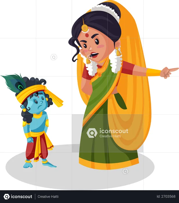 Yashoda maa gritándole al pequeño Krishna  Ilustración