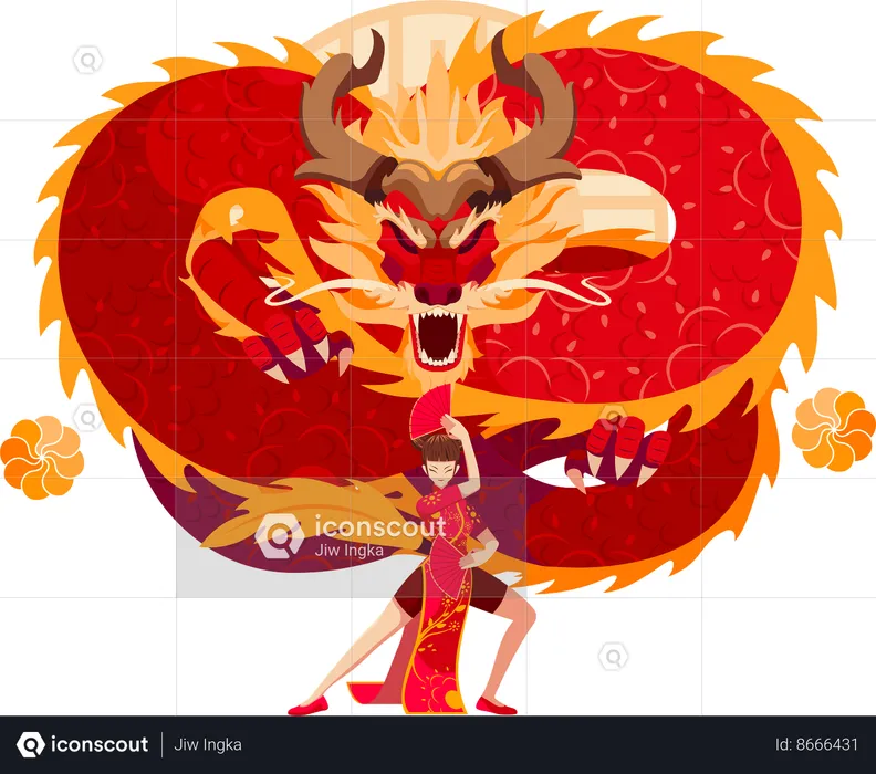 Chinese Zodiac Dragon with Chinese girl  Illustration