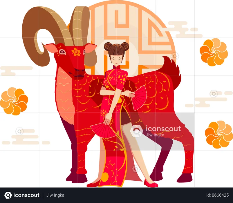 Chinese Zodiac Goat with Chinese girl  Illustration