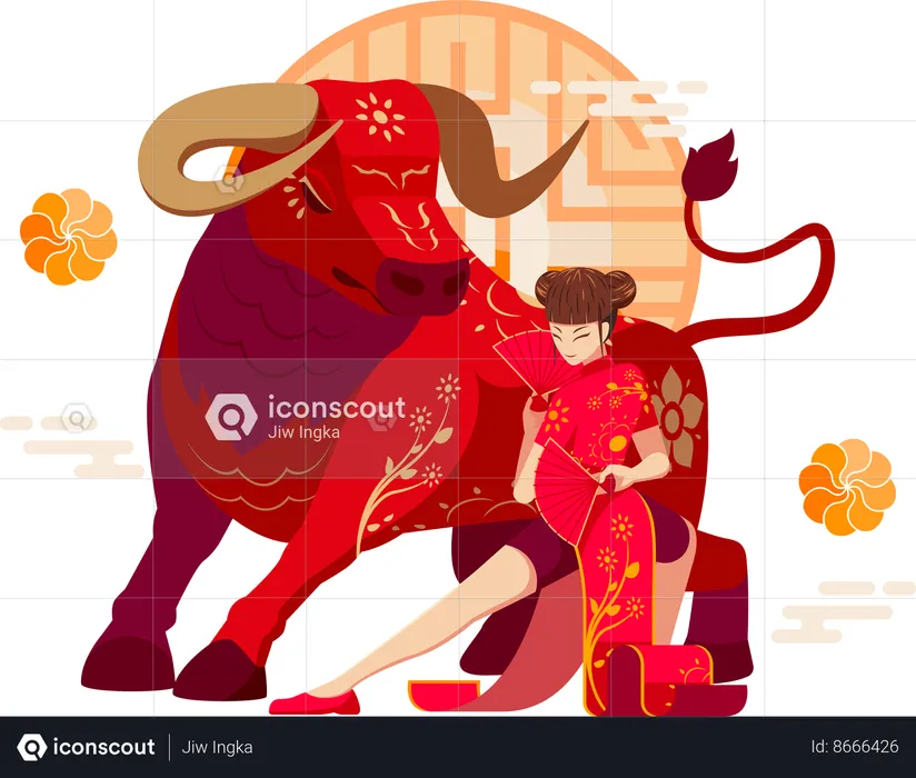 Chinese Zodiac Ox with Chinese girl  Illustration