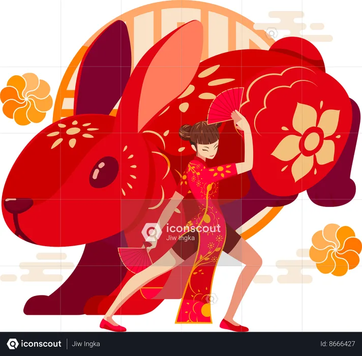 Chinese Zodiac Rabbit with Chinese girl  Illustration
