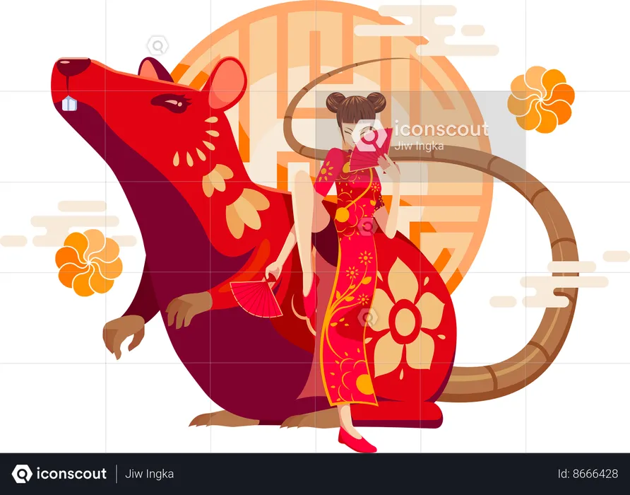 Chinese Zodiac Rat with Chinese girl  Illustration