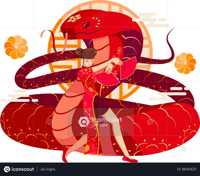 Chinese Zodiac Snake with Chinese girl  Illustration