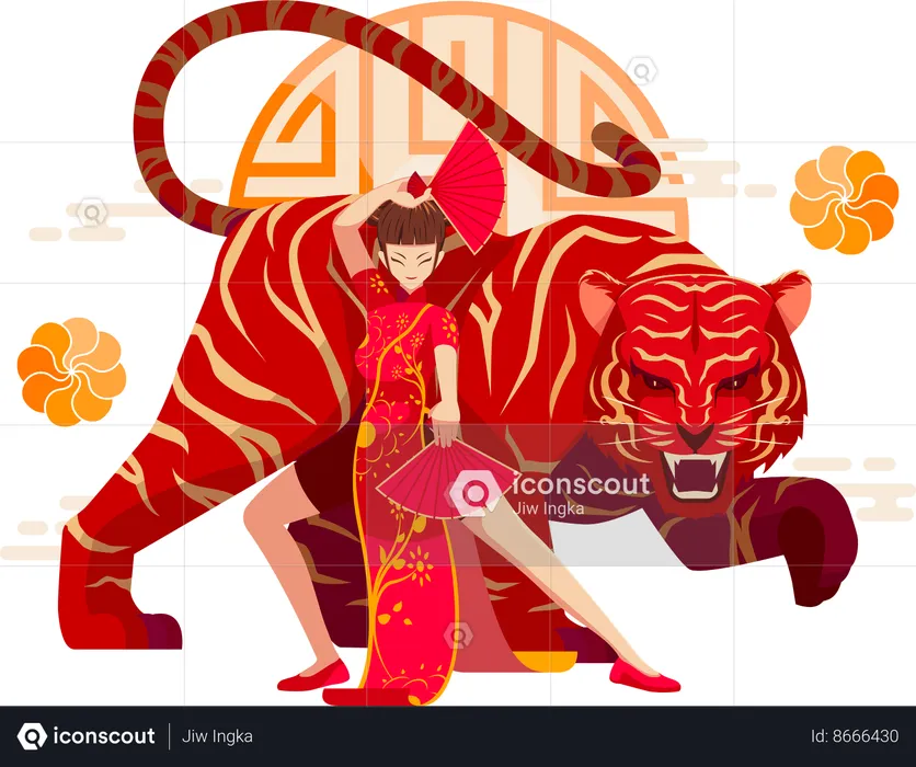 Chinese Zodiac Tiger with Chinese girl  Illustration