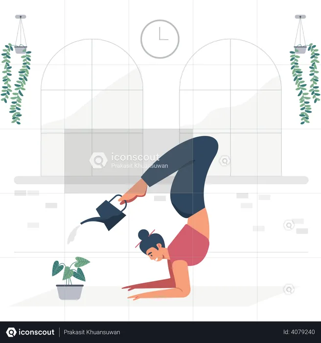 Yoga-Mädchen gießt den Baum  Illustration