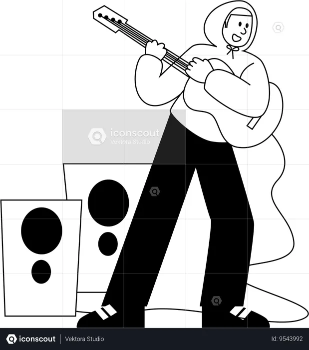 Young adult in a hoodie passionately playing an electric guitar  Illustration