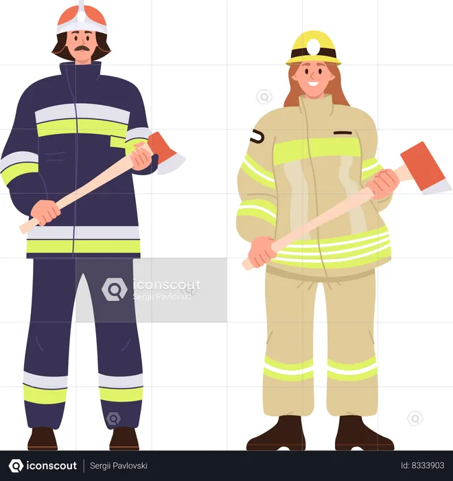 Young adult man and woman firefighter characters wearing uniform  Illustration