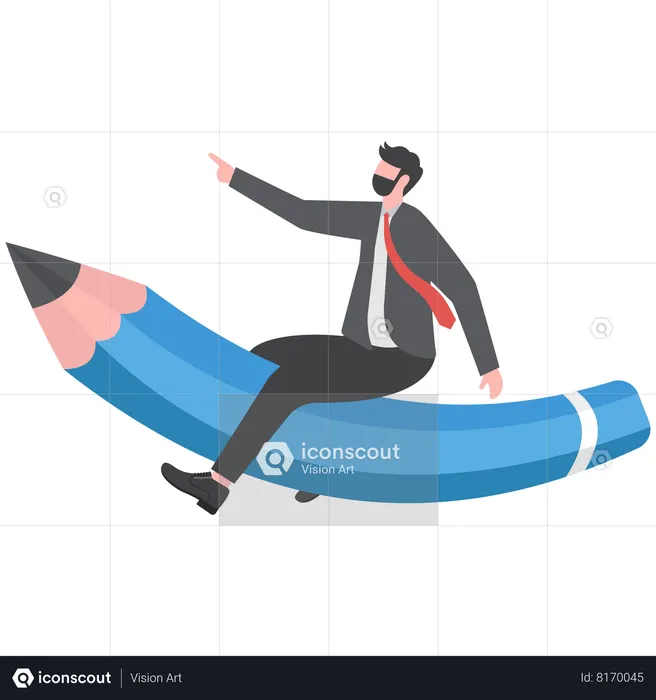 Young adult riding pencil rocket flying in the sky  Illustration