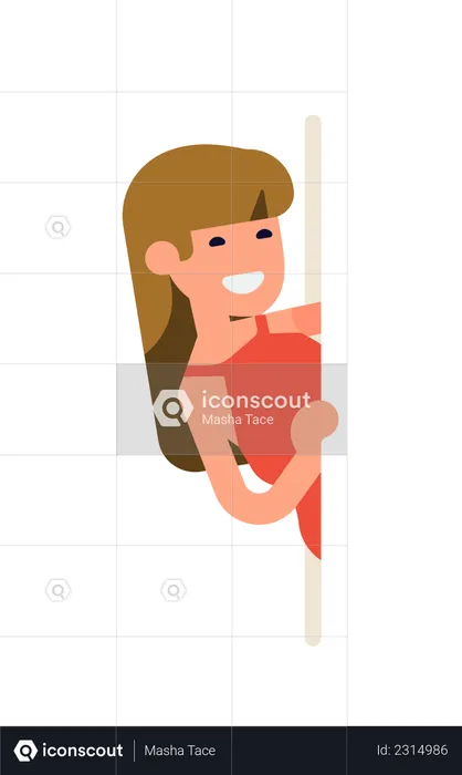 Young adult woman holding side of vertical banner peeking out  Illustration