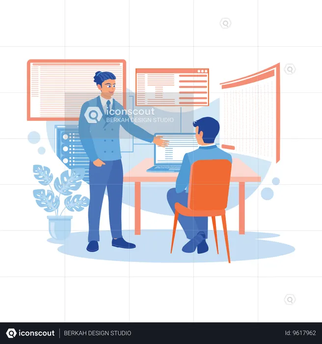 Young AI Programmer And IT Developer Team Discussing Programming On Computers In Company  Illustration