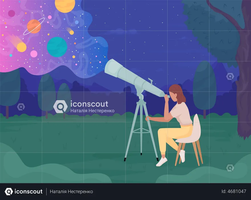 Young astronomer with telescope looking at celestial bodies  Illustration