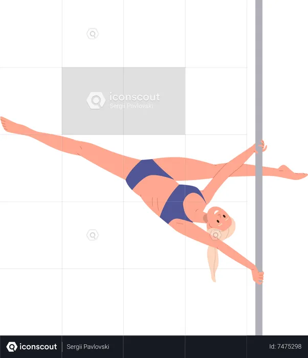 Young athlete woman pole dancer character hanging upside down on pylon  Illustration