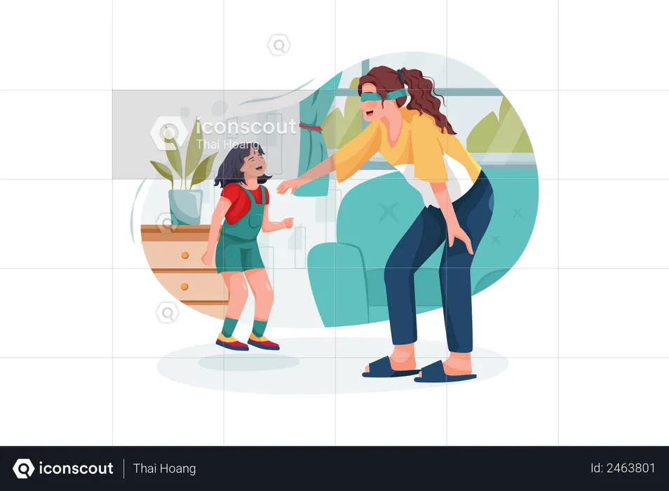 Young babysitter playing funny game with kid girl at home  Illustration