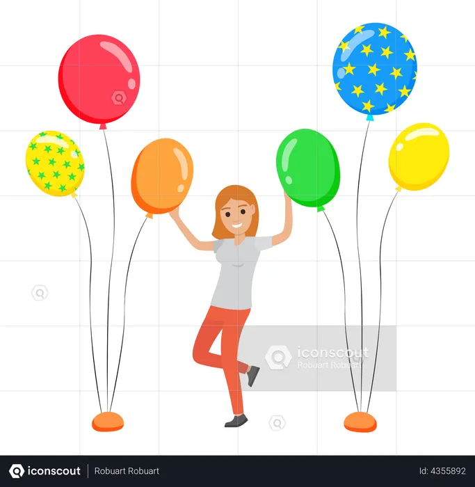 Young beautiful girl dancing between balloons  Illustration