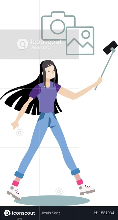 Young beautiful girl taking selfie with selfie stick while walking  Illustration