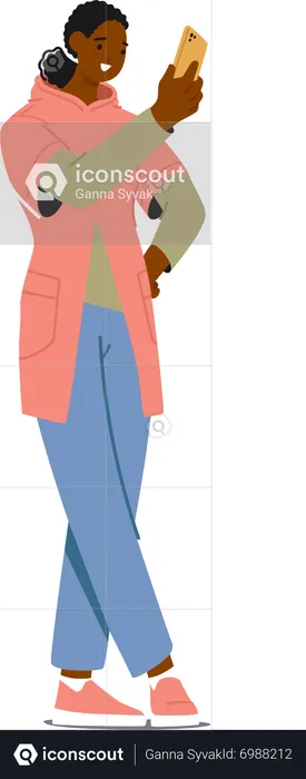 Young Black Woman Look on Mobile Phone Screen  Illustration