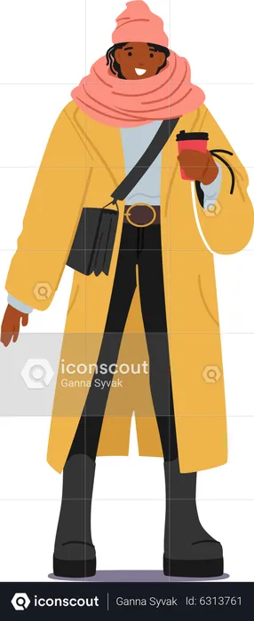 Young Black Woman With Coffee Cup Wear Warm Long Coat  Illustration
