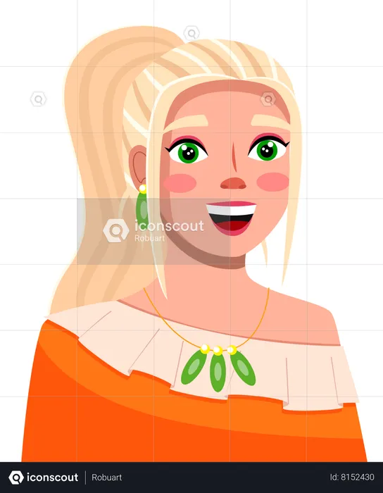 Young blonde smiling woman wear orange cloth with ponytail green accessories  Illustration